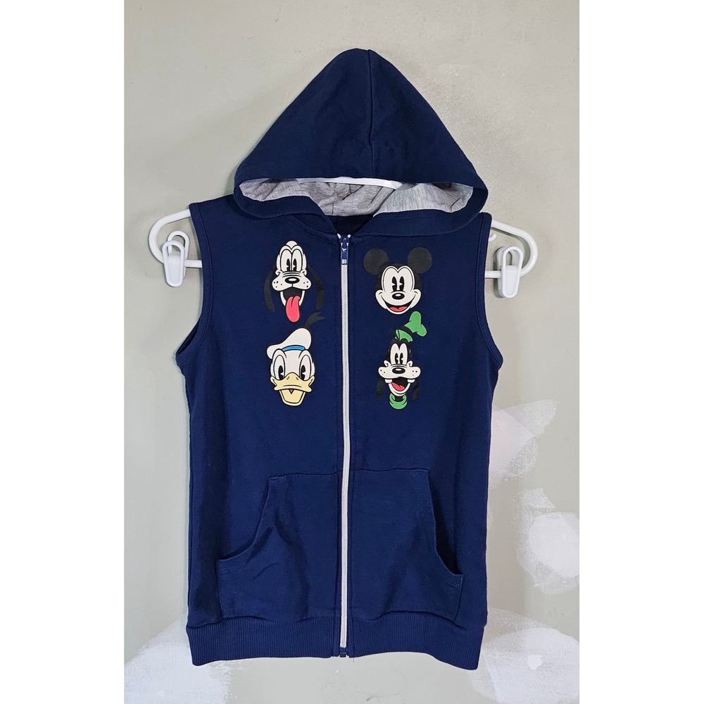 Disney Parks Mickey Mouse Donald Duck Goofy Pluto Navy Sleeveless Hoodie Vest M